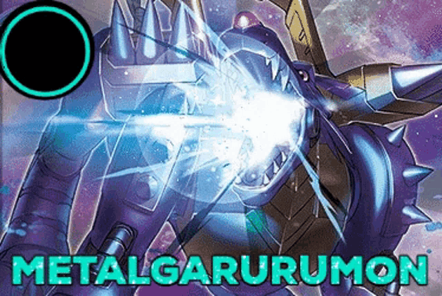 a metalgarurumon is being displayed on a purple background