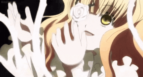 a girl with blonde hair and yellow eyes is holding a white rose