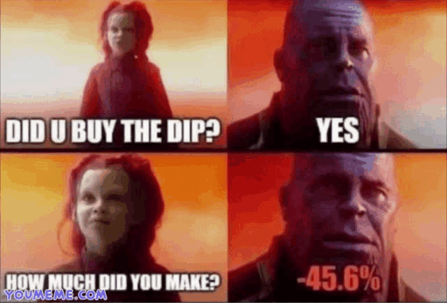 a picture of thanos and a little girl with the words did u buy the dip yes and how much did you make on the bottom