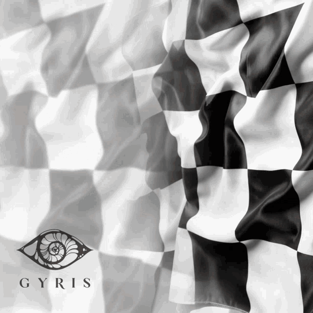 a black and white checkered flag is behind a logo for gyris