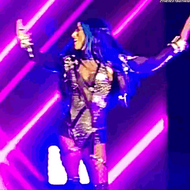 a woman with long blue hair is standing in front of a purple background