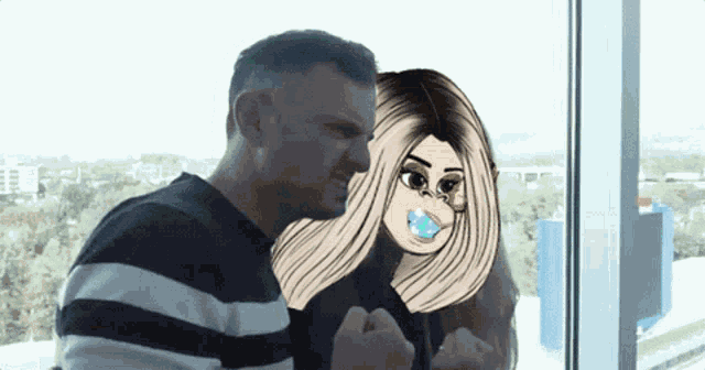 a man and a woman are standing next to each other and the woman has a pacifier in her mouth