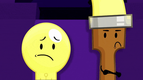 a light bulb with a sad face next to a paint brush with a mustache