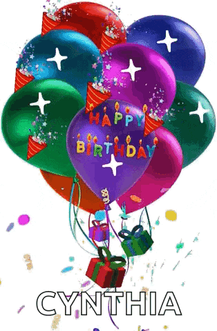 a bunch of colorful balloons with the words happy birthday cynthia on them