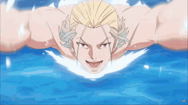 a man with blonde hair is swimming in the water with his mouth open