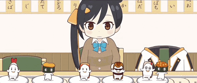 a girl in a school uniform sits at a table surrounded by sushi