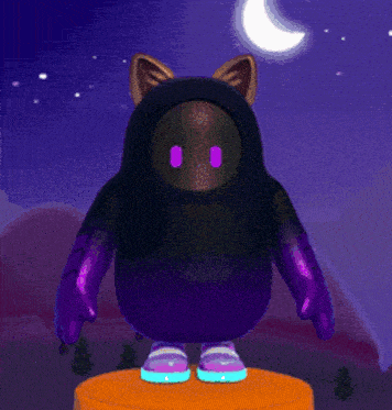 a cartoon character in a black and purple hoodie is standing on a podium with a crescent moon in the background