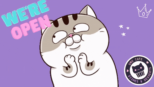 a cartoon cat with the words we 're open behind him
