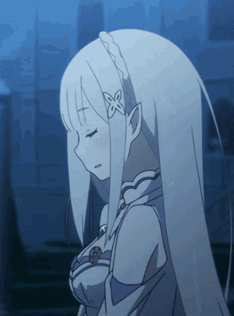 a girl with white hair and a flower in her hair looks down