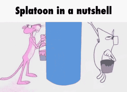 a cartoon of a pink panther painting a blue and pink wall with the words splatoon in a nutshell