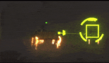 a helicopter is flying through a cloudy sky with a green light behind it