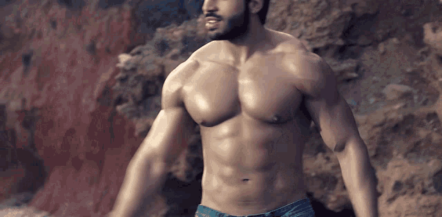 a shirtless man with a beard is standing in front of a rock wall