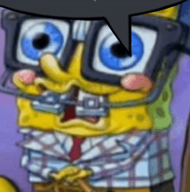 a cartoon of spongebob wearing glasses and a plaid shirt with a speech bubble above his head