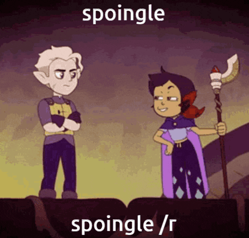 a cartoon of a boy and a girl standing next to each other with the words spoingle / r above them