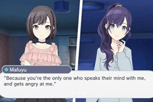 two anime girls are talking to each other in a room . one of the girls is talking about another girl .