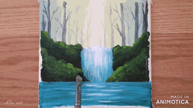 a painting of a waterfall is being made by chloe art