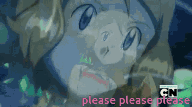 a cartoon character with the words please please please written in pink