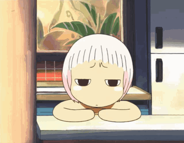 a cartoon character with a plant on his head is looking out a window