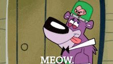 a cartoon bear with a green hat and a bow tie says meow