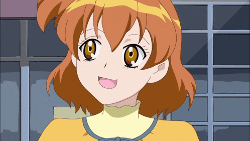 a cartoon girl with orange hair and a yellow shirt is smiling
