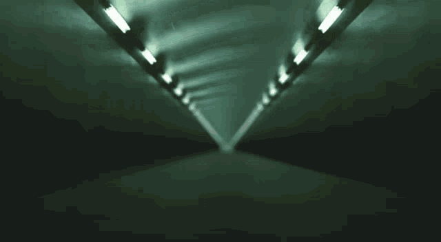 a dark tunnel with a lot of lights on the walls and ceiling .