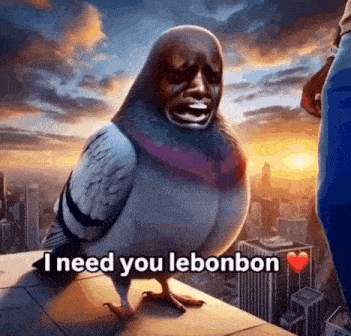 a pigeon with a man 's face on it is sitting on top of a building and crying .