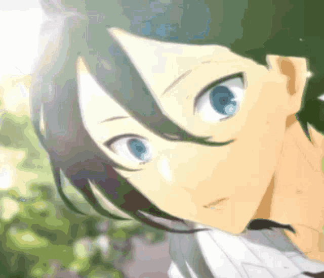 a close up of a anime character 's face with blue eyes