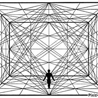 a black and white drawing of a man standing in a cube .