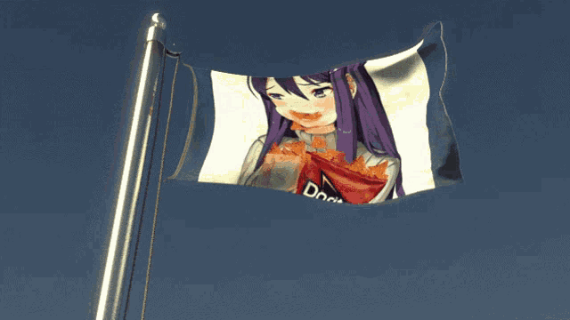 a flag with a picture of a girl with purple hair and doritos on it