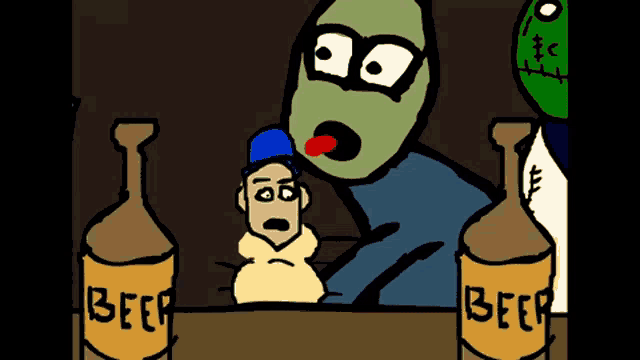 a cartoon of a man behind a counter with beer bottles