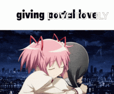 a picture of a girl hugging another girl with the words " giving noveltively " below it
