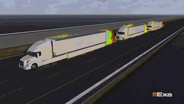 a row of white semi trucks on a highway with exa written on the bottom right