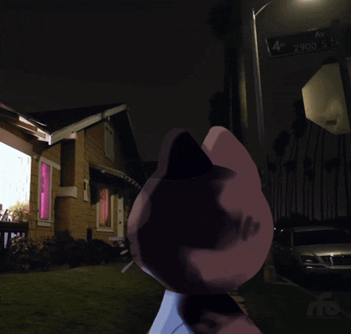 a cartoon cat standing in front of a house on 4th ave
