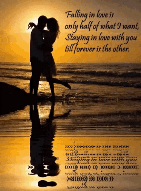 a picture of a man and woman kissing on the beach with the words falling in love is only half of what i was