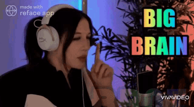 a woman wearing headphones holds her finger to her mouth in front of a sign that says " big brain "