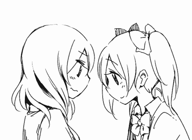 a black and white drawing of two anime girls kissing each other .