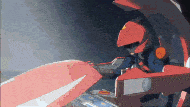 a cartoon character wearing a red helmet is riding a red vehicle