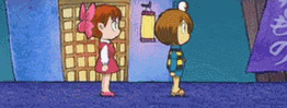 a boy and a girl are standing next to each other in front of a door in a cartoon .