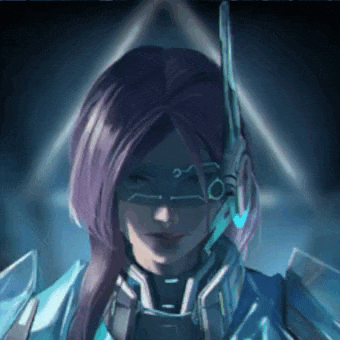 a woman with long purple hair is wearing a futuristic helmet and mask .