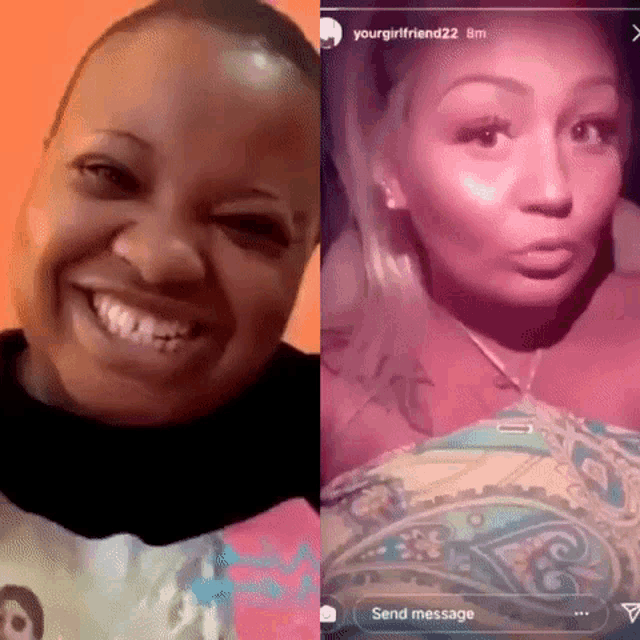 a woman is smiling and making a funny face while another woman is making a funny face .