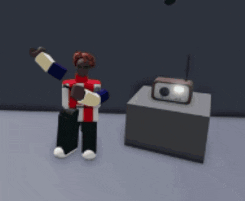a cartoon character is standing next to a radio with a music note in the background