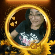 a woman wearing glasses and a black shirt is in a gold frame with gm written on it