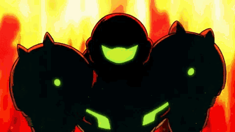 a group of cartoon characters are standing next to each other on a yellow and red background .