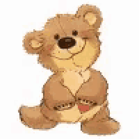 a teddy bear with a red heart on its chest is waving .