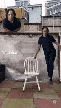 a picture of a man standing next to a white chair with the word viggle.ai on the bottom right