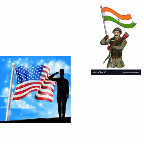 a soldier salutes while holding an american flag and a green flag