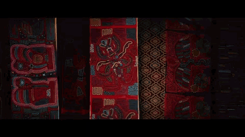 a man wearing glasses is standing in front of a colorful rug with a snake on it