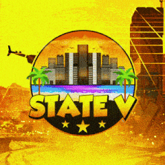a logo for state v shows a city and palm trees on a yellow background