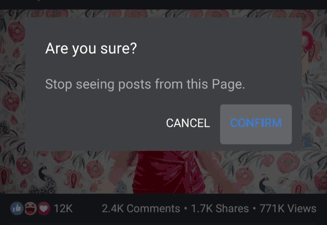 a screen asking if you are sure to stop seeing posts