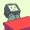 a pixel art drawing of a person with a computer head sitting at a desk